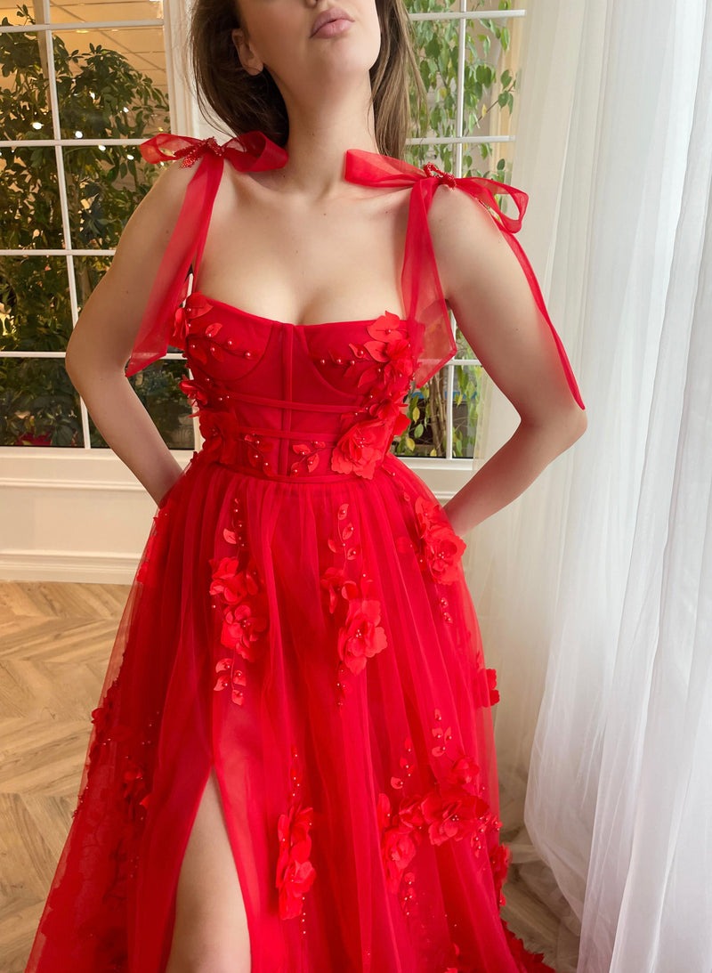 A-line Lace  3D Flower Long Prom Dress With Slit