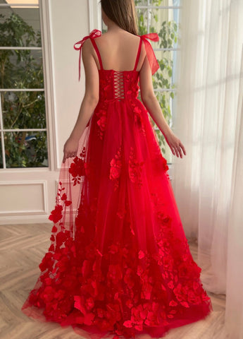 A-line Lace  3D Flower Long Prom Dress With Slit