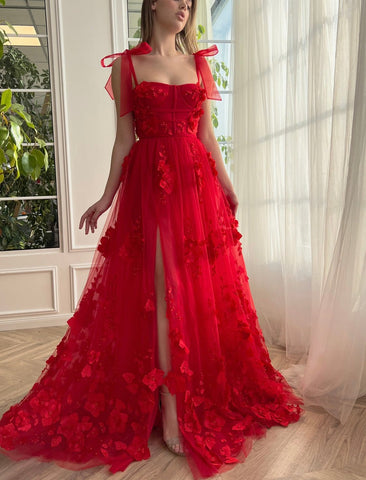 A-line Lace  3D Flower Long Prom Dress With Slit