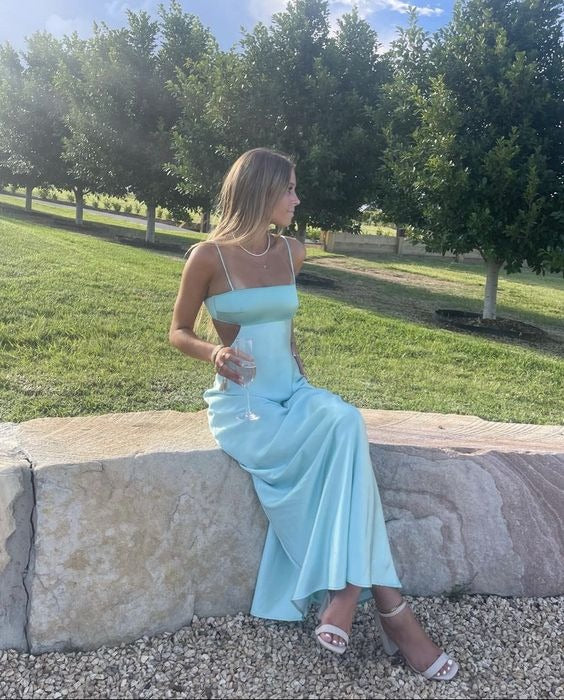 Fashion Blue Spaghetti Straps Sheath Aqua  Prom Dresses Formal Evening Dresses