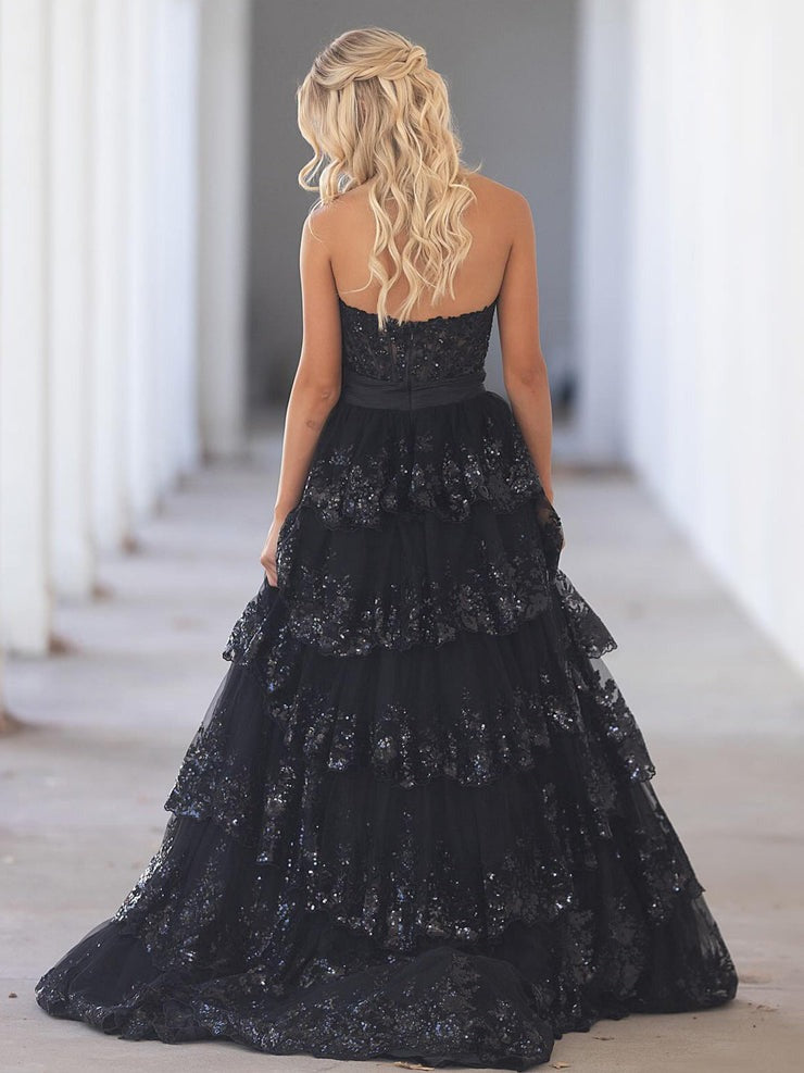 Cute Sweetheart Black Tulle Appliques Ruffle A Line Long Prom Gown