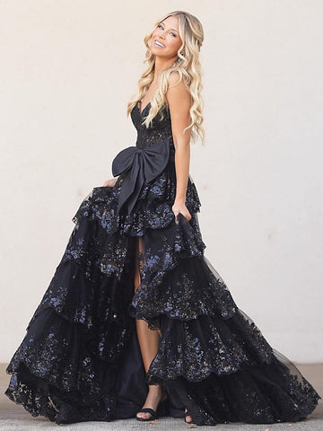 Cute Sweetheart Black Tulle Appliques Ruffle A Line Long Prom Gown