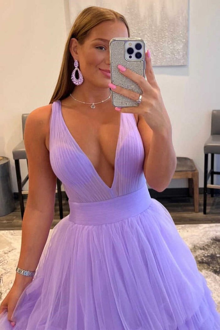 A-line V-NeckTulle  Long  Prom Dress