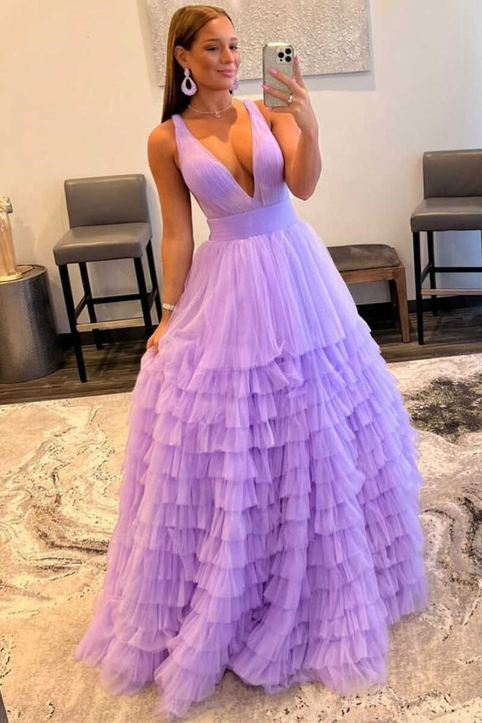 A-line V-NeckTulle  Long  Prom Dress