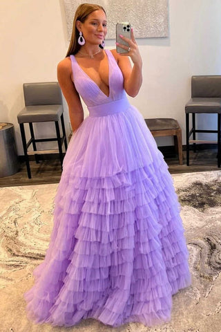 A-line V-NeckTulle  Long  Prom Dress