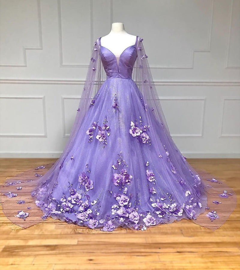 A-Line Lavender 3D Floral Lace  with Cape Sleeves Prom Dress