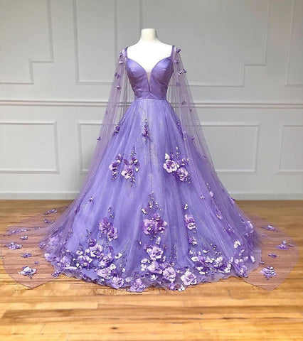 A-Line Lavender 3D Floral Lace  with Cape Sleeves Prom Dress