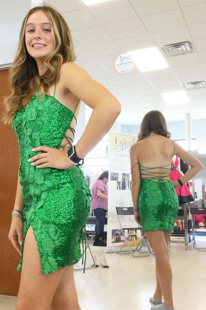 Open Back Sheath Sequin  Homecoming Dress with 3D Flowers