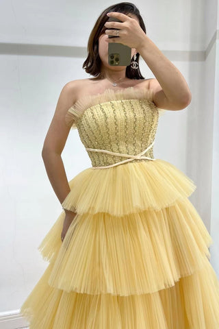 Layered Tulle Prom Dress with Strapless and Sleeveless