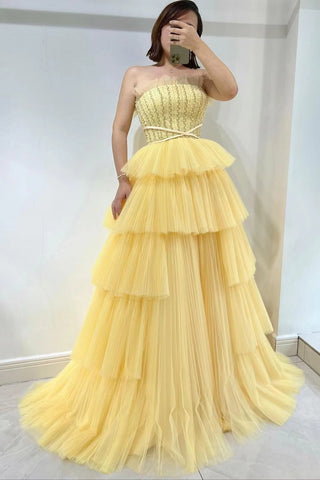 Layered Tulle Prom Dress with Strapless and Sleeveless