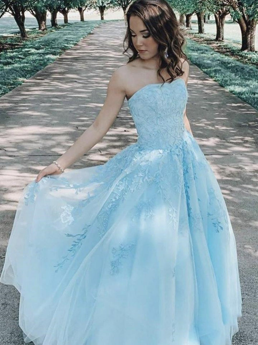 A Line Strapless Lace Appliques Long Prom,  Lace Formal, Lace  Evening