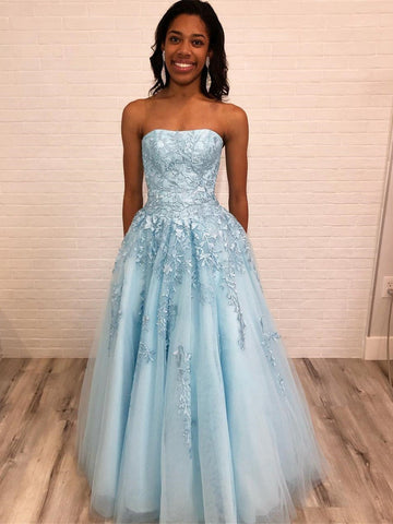 A Line Strapless Lace Appliques Long Prom,  Lace Formal, Lace  Evening