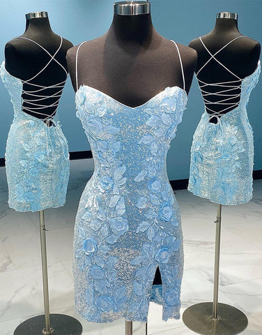 Open Back Sheath Sequin  Homecoming Dress with 3D Flowers