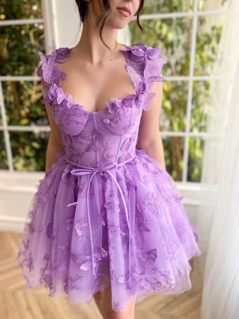 3D Butterflies Aline Tulle Short Prom Dresses