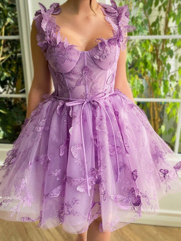 3D Butterflies Aline Tulle Short Prom Dresses