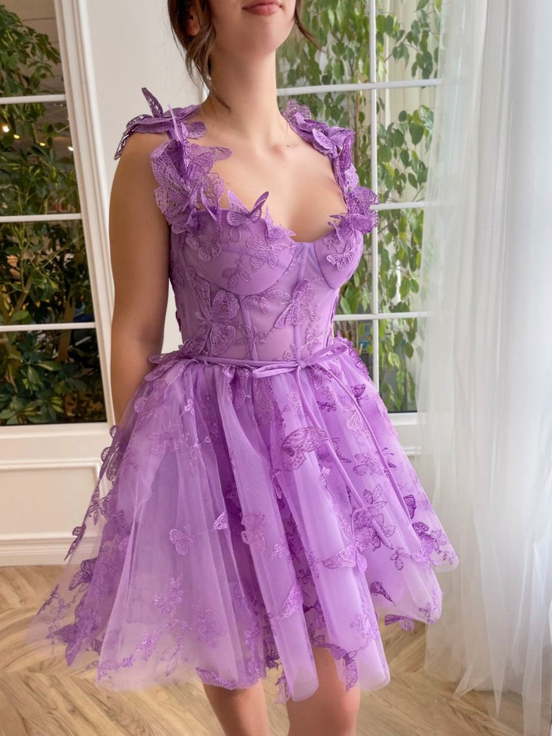 3D Butterflies Aline Tulle Short Prom Dresses