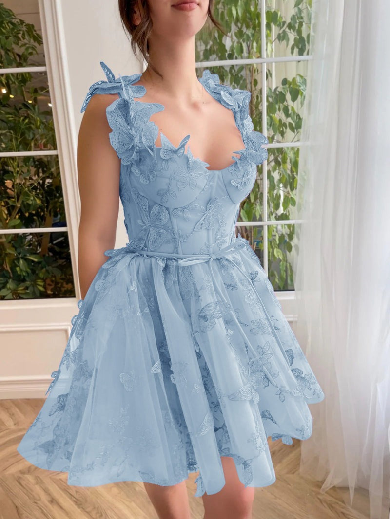 3D Butterflies Aline Tulle Short Prom Dresses