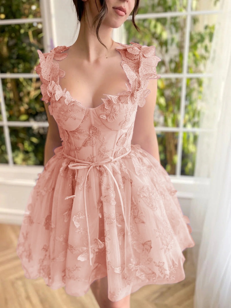 3D Butterflies Aline Tulle Short Prom Dresses