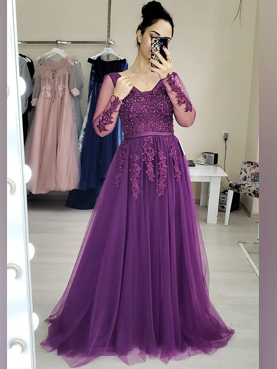 Long Sleeves Beaded  Lace Long Prom, Formal,Evening Dresses