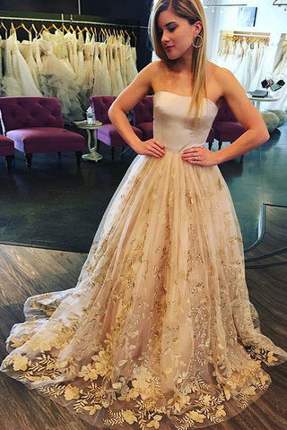 Long Strapless Tulle  FLoral Prom Dress Evening Dress
