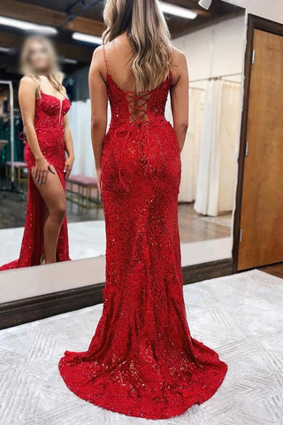 Red Mermaid Spaghetti Straps Appliques Prom Dresses