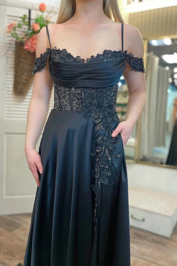 Cold-Shoulder Beaded Split  A-Line Prom Dresses