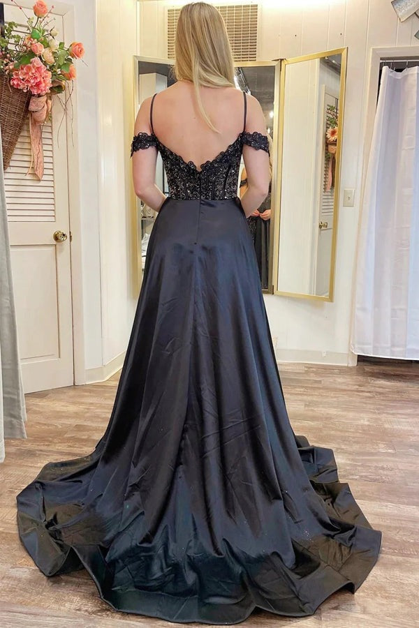 Cold-Shoulder Beaded Split  A-Line Prom Dresses