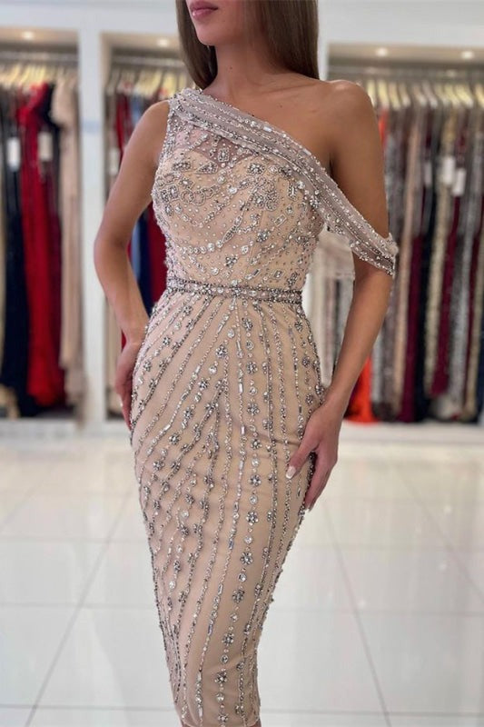 Short Luxurious One Shoulder Sheath Knee-Length Prom Dress with Crystals