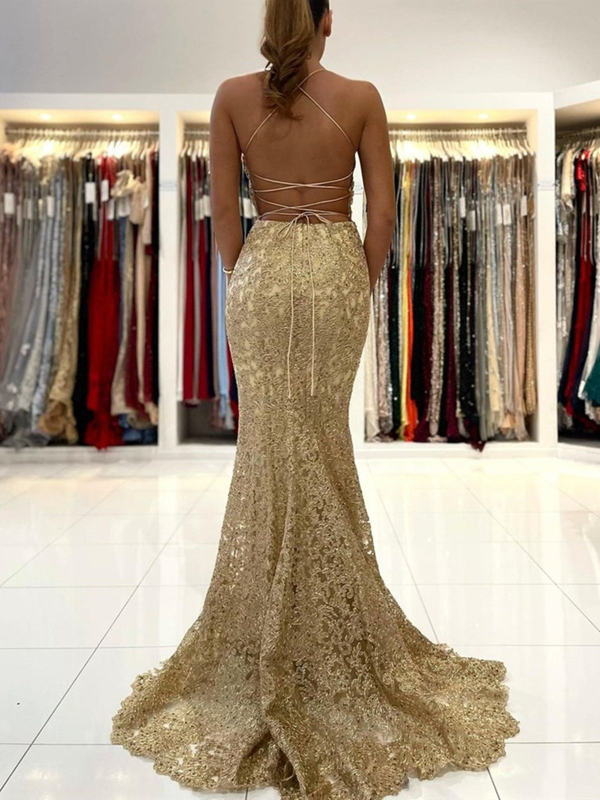 Mermaid Golden Backless Lace Long Prom, Formal Evening Dresses