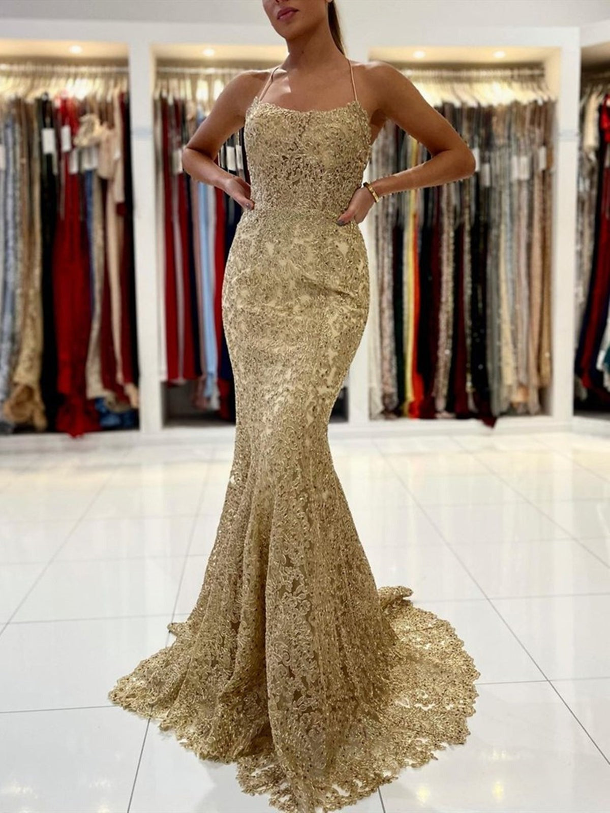 Mermaid Golden Backless Lace Long Prom, Formal Evening Dresses