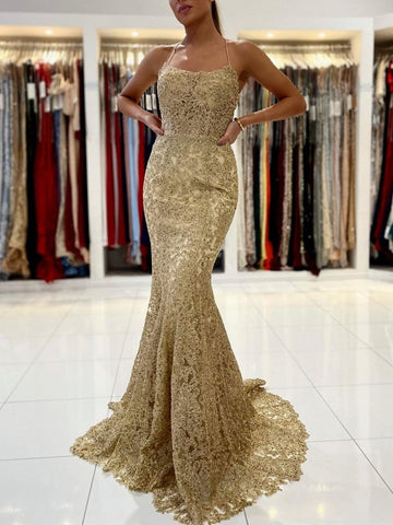 Mermaid Golden Backless Lace Long Prom, Formal Evening Dresses