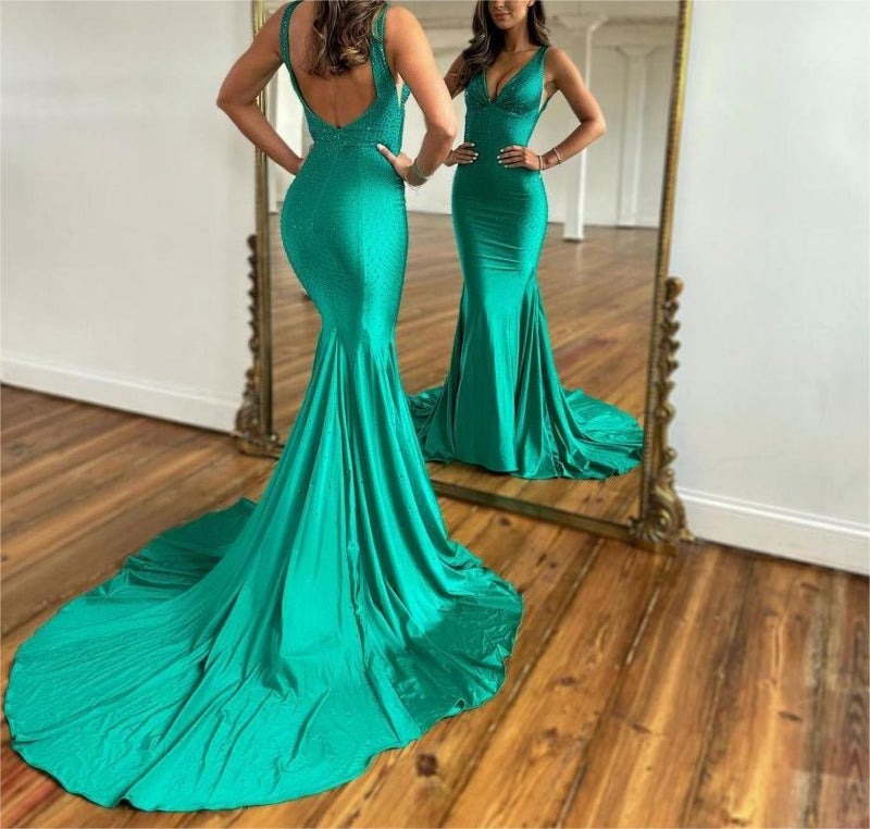 Deep V-Neck Mermaid  Beaded Satin Long Prom Dress