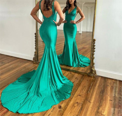 Deep V-Neck Mermaid  Beaded Satin Long Prom Dress