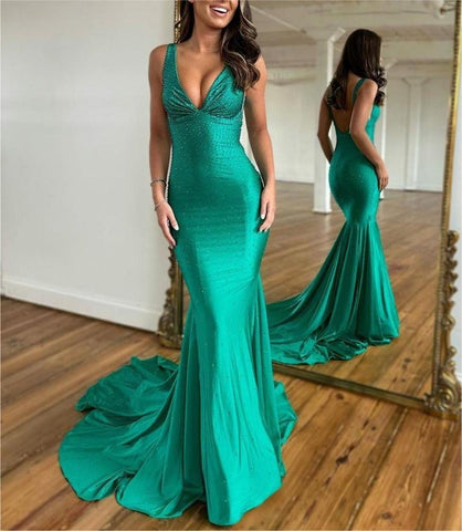 Deep V-Neck Mermaid  Beaded Satin Long Prom Dress
