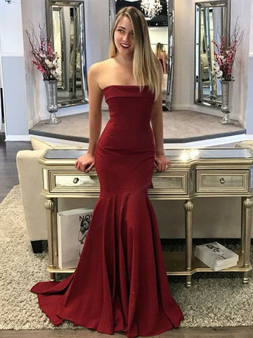 Mermaid Burgundy Strapless Sweep Train  Elastic Satin Long Prom, Formal Evening Dresses