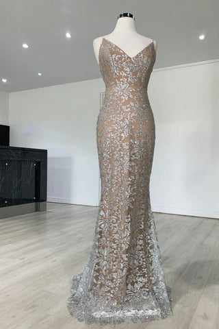 Thin Straps V Neck Mermaid Tulle Sequins Long Prom Dress