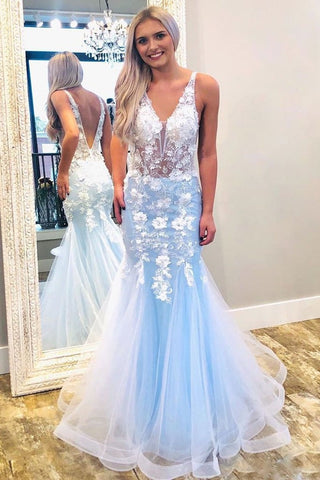V Neck Mermaid Lace Appliques  Long Prom, Formal, Evening Dress