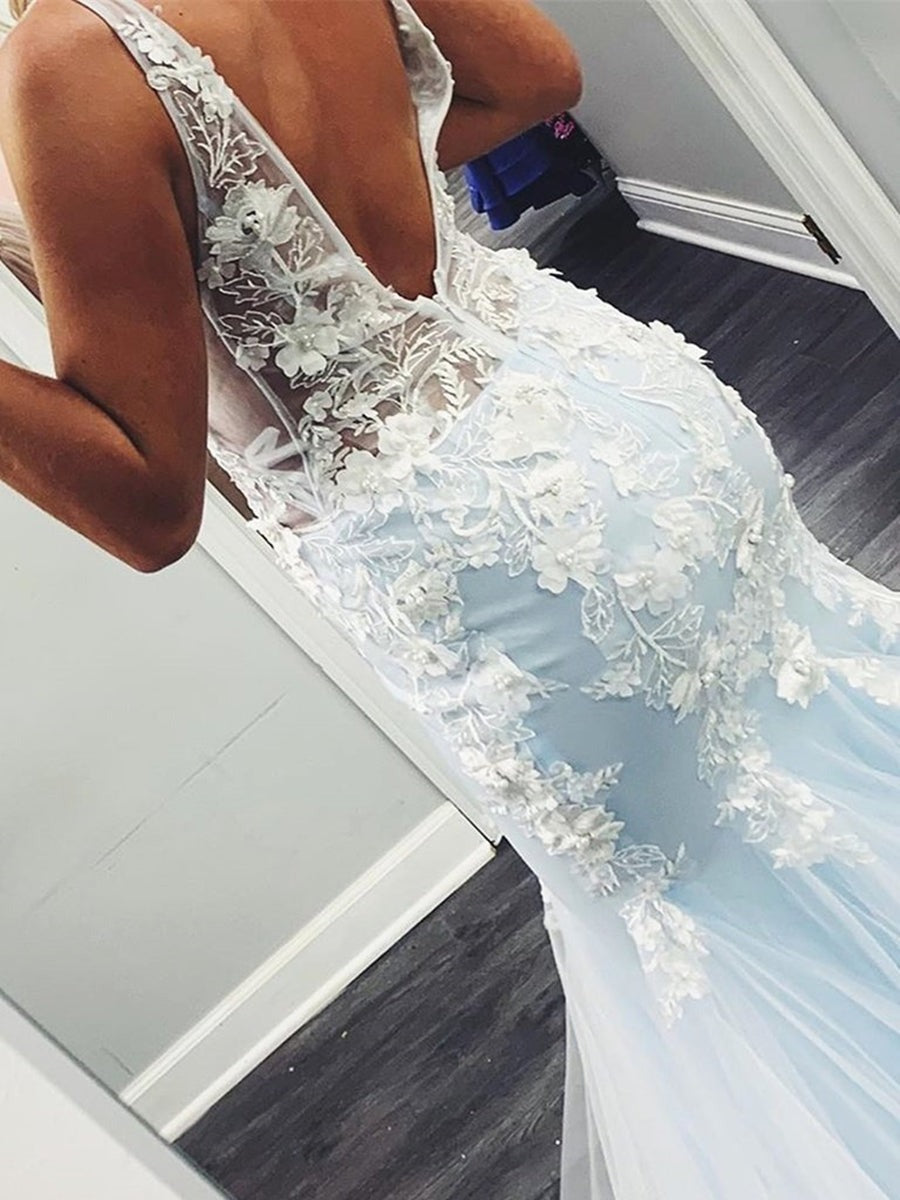 V Neck Mermaid Lace Appliques  Long Prom, Formal, Evening Dress