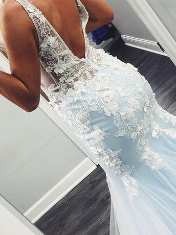 V Neck Mermaid Lace Appliques  Long Prom, Formal, Evening Dress