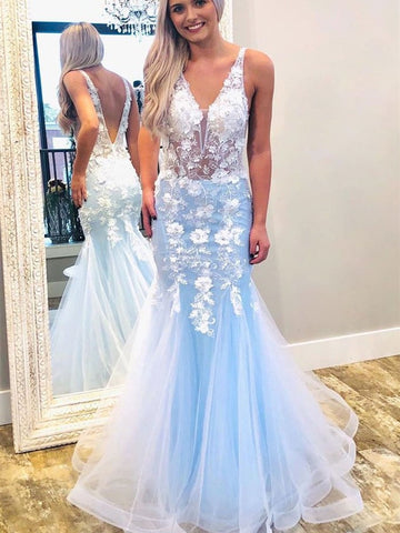 V Neck Mermaid Lace Appliques  Long Prom, Formal, Evening Dress