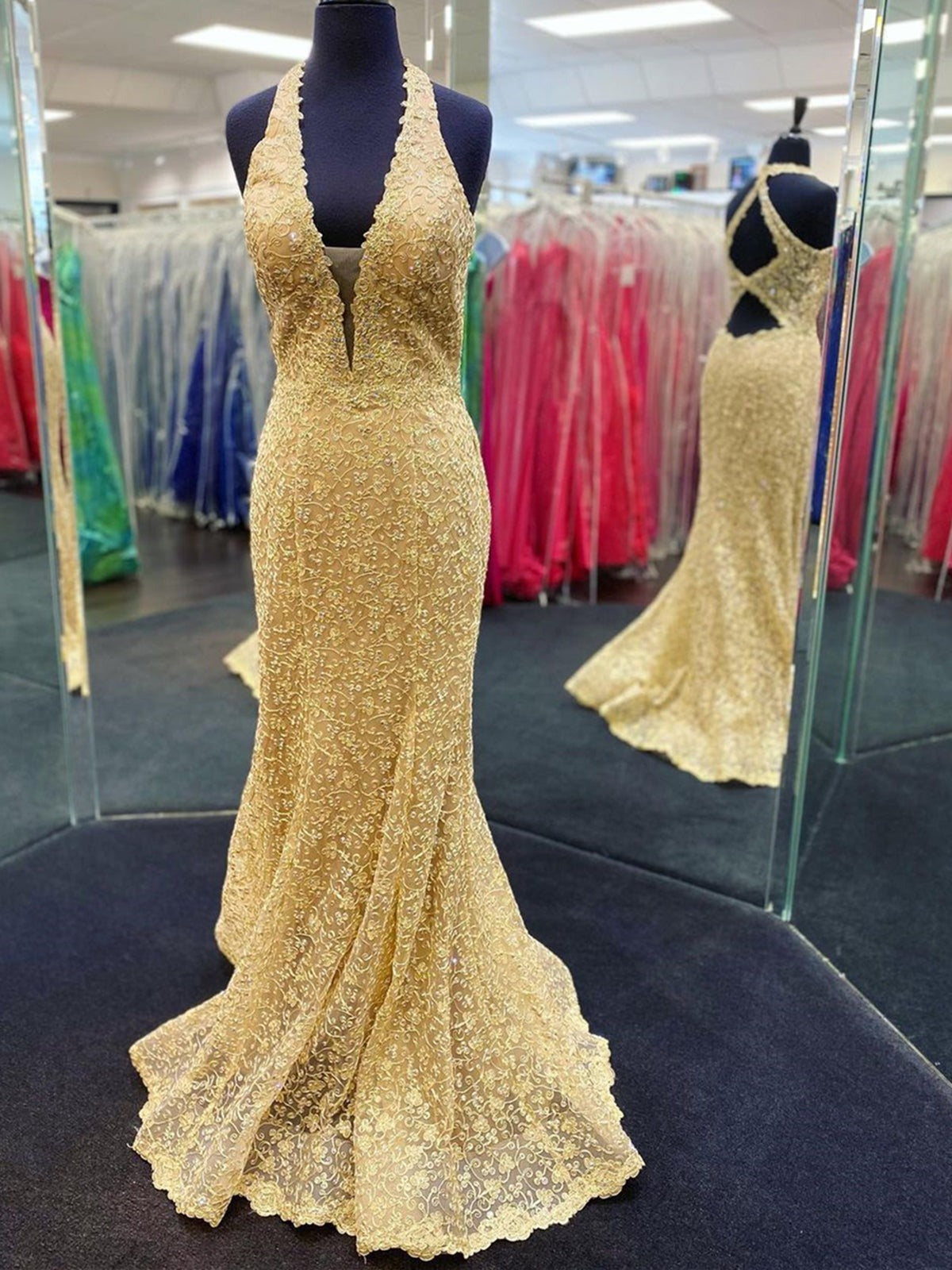 Mermaid Open Back V Neck Lace Long Prom Dresses,  Formal Dresses, Evening Dresses