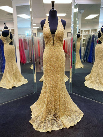 Mermaid Open Back V Neck Lace Long Prom Dresses,  Formal Dresses, Evening Dresses