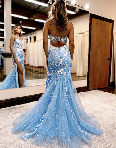 Lace Spaghetti StrapsTulle Mermaid Prom Dress with Slit