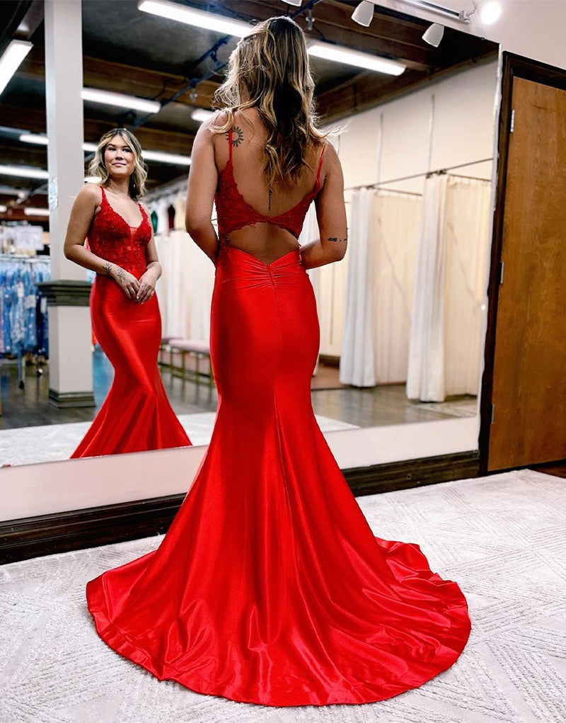 Deep V Neck Mermaid  Satin Long Prom Dress with Appliques