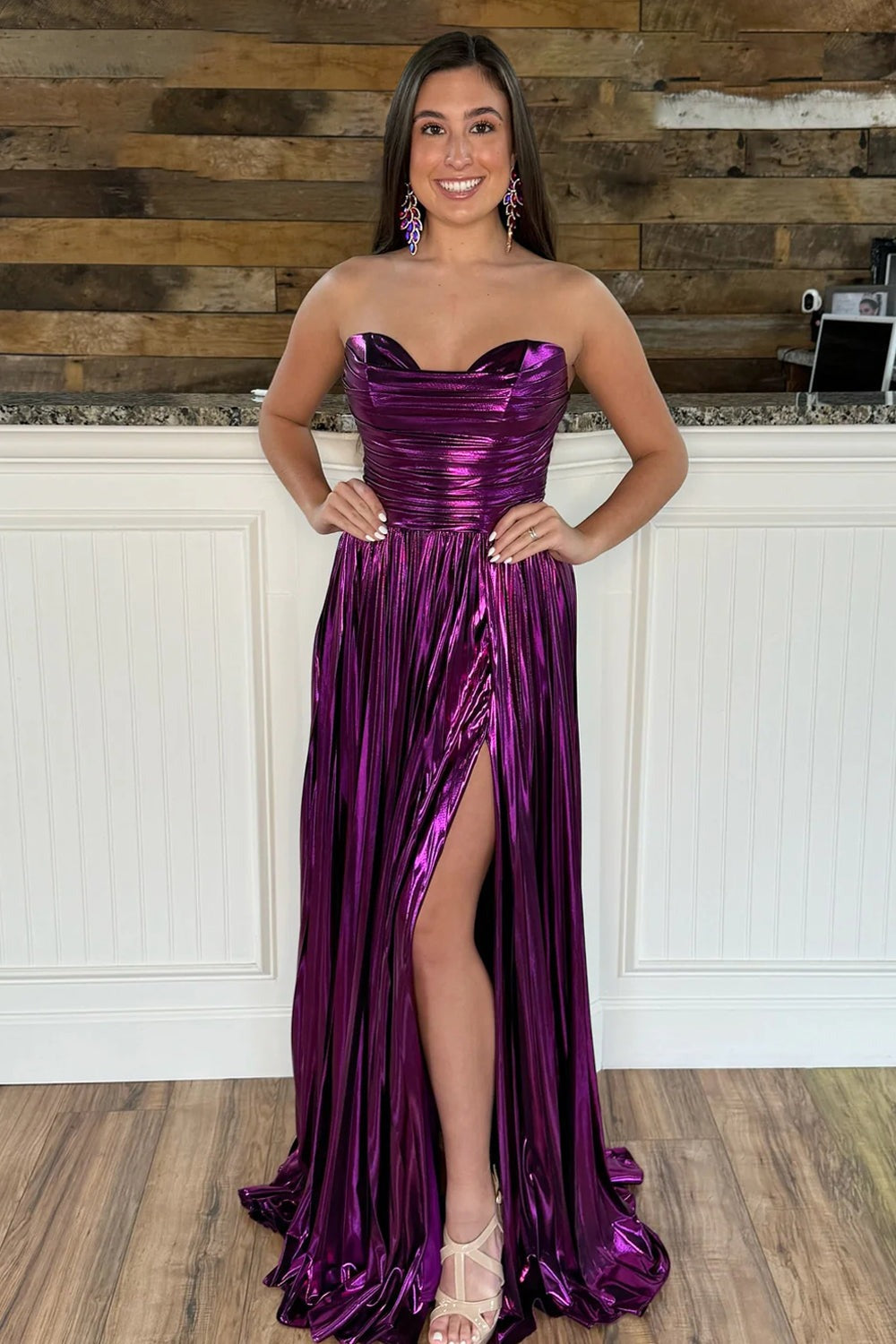 A Line Metallic Satin Pleated Strapless Prom Dresses with Slit