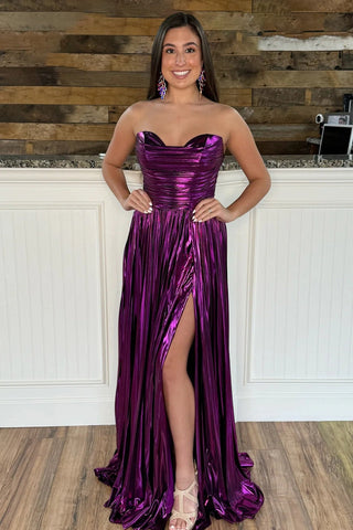 A Line Metallic Satin Pleated Strapless Prom Dresses with Slit