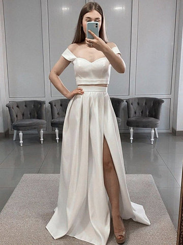 Off  the Shoulder Two Pieces Satin Long Prom, Formal, Evening Dresses