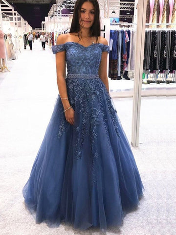 Off Shoulder Appliques Lace Long Prom, Formal,  Evening Dresses