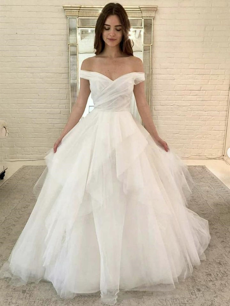 Off the Shoulder Fuffy White Long Prom Dresses,  Formal Dresses,  Evening Dresses, Ball