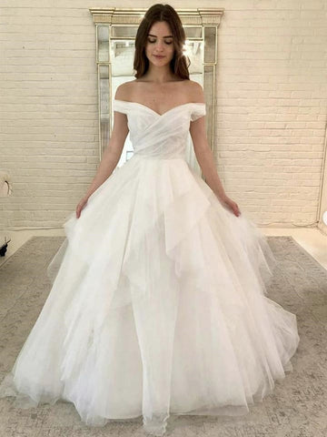 Off the Shoulder Fuffy White Long Prom Dresses,  Formal Dresses,  Evening Dresses, Ball